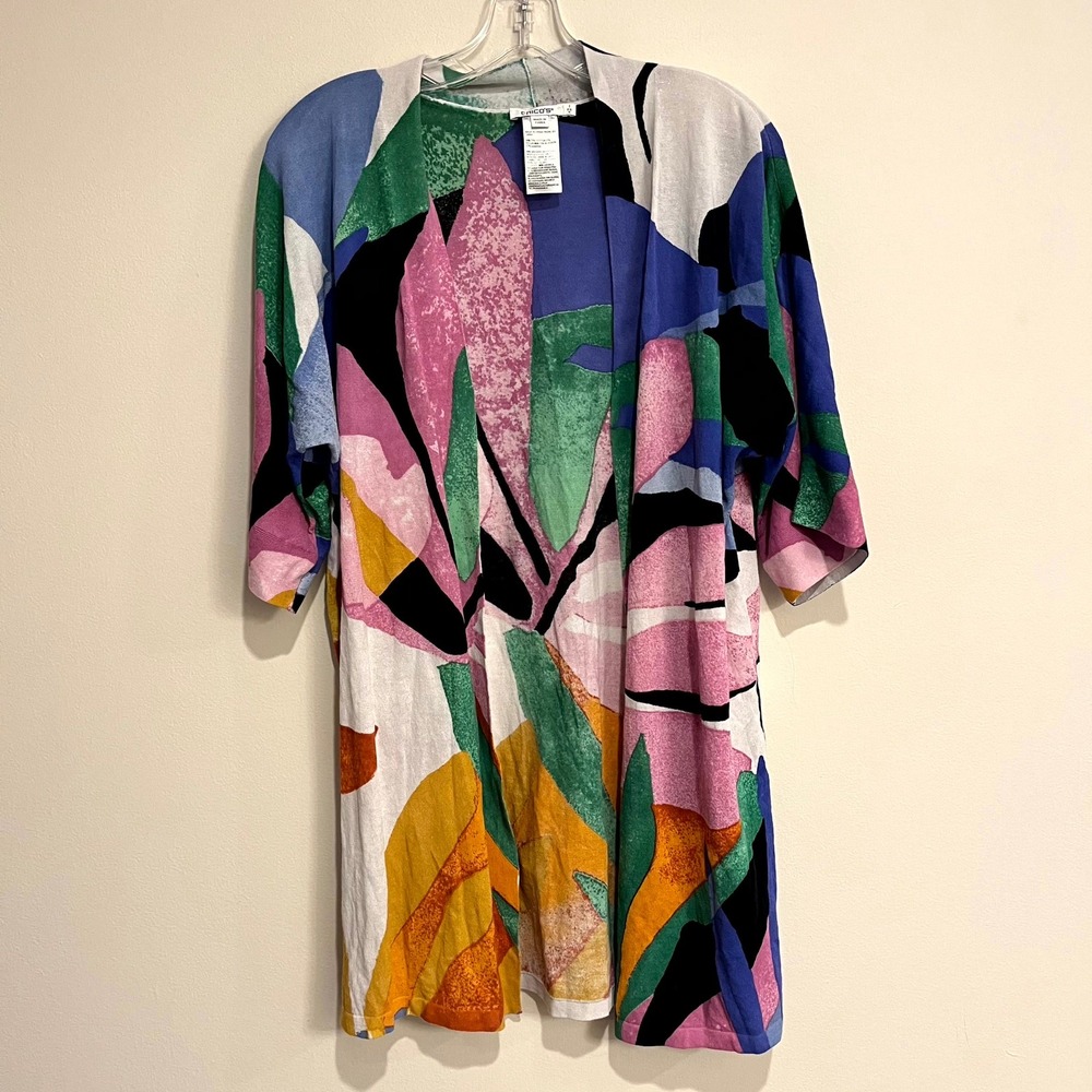 Chico's Cardigan Multicolor Abstract Floral Knit Open Front Chico's 1 US Med